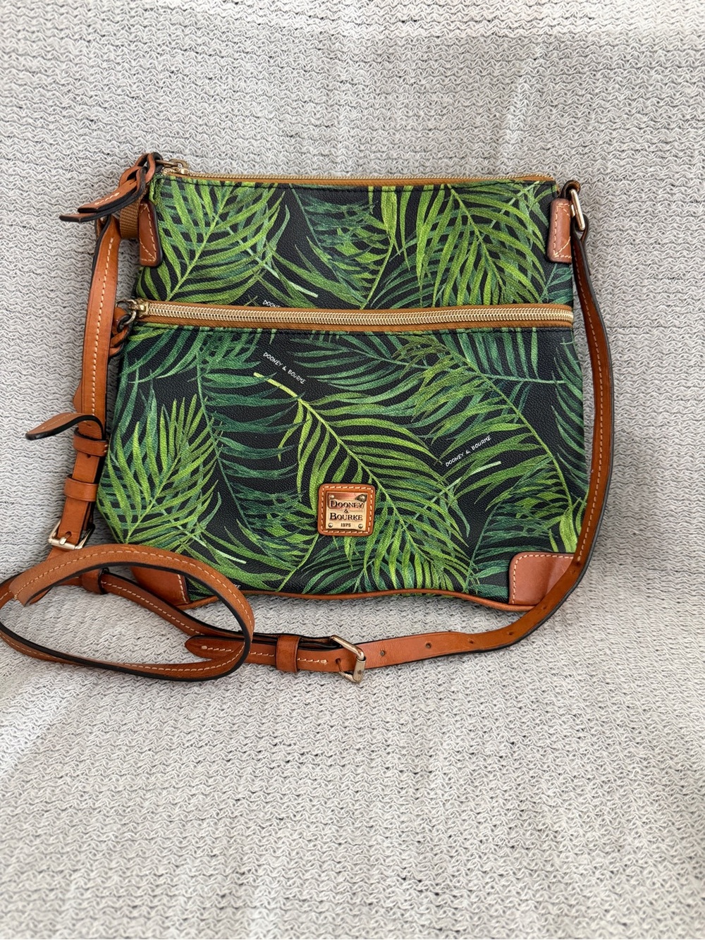 Dooney & Bourke Green Palm Print Large Crossbody with Brown Trim